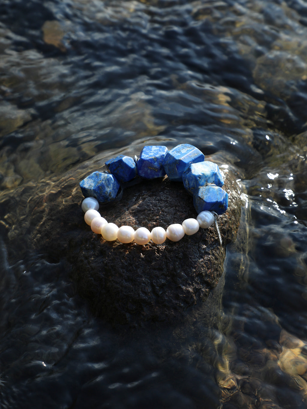 Enchantress Pearl Bracelet — freshwater pearl & freeform lapis lazuli & S925 Sterling Silver | SENLORE