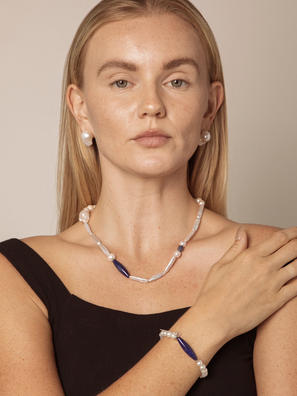 Afghan Lapis Lazuli Pearl Bracelet — freshwater egg pearls, Afghan lapis lazuli barr... | SENLORE