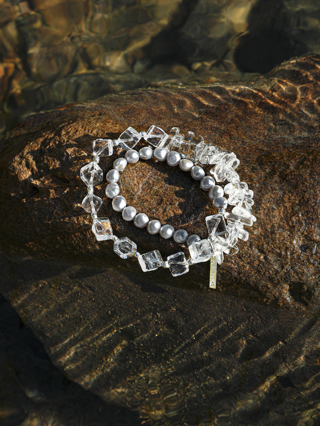 Clear Quartz & Grey Baroque Double-Wrap Bracelet — grey double-polished baroque pearl, clear quartz sug... | SENLORE