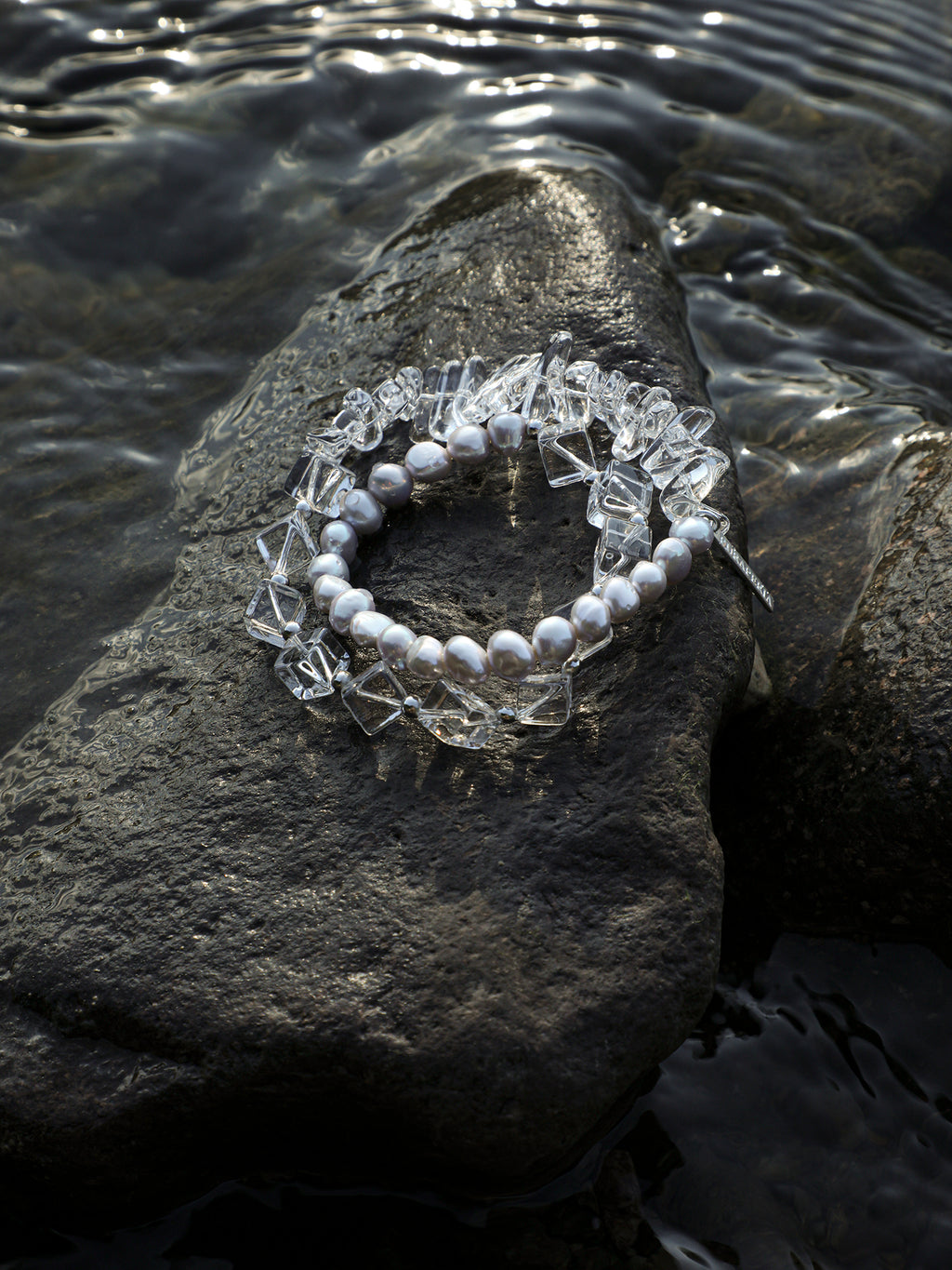 Clear Quartz & Grey Baroque Double-Wrap Bracelet — grey double-polished baroque pearl, clear quartz sug... | SENLORE