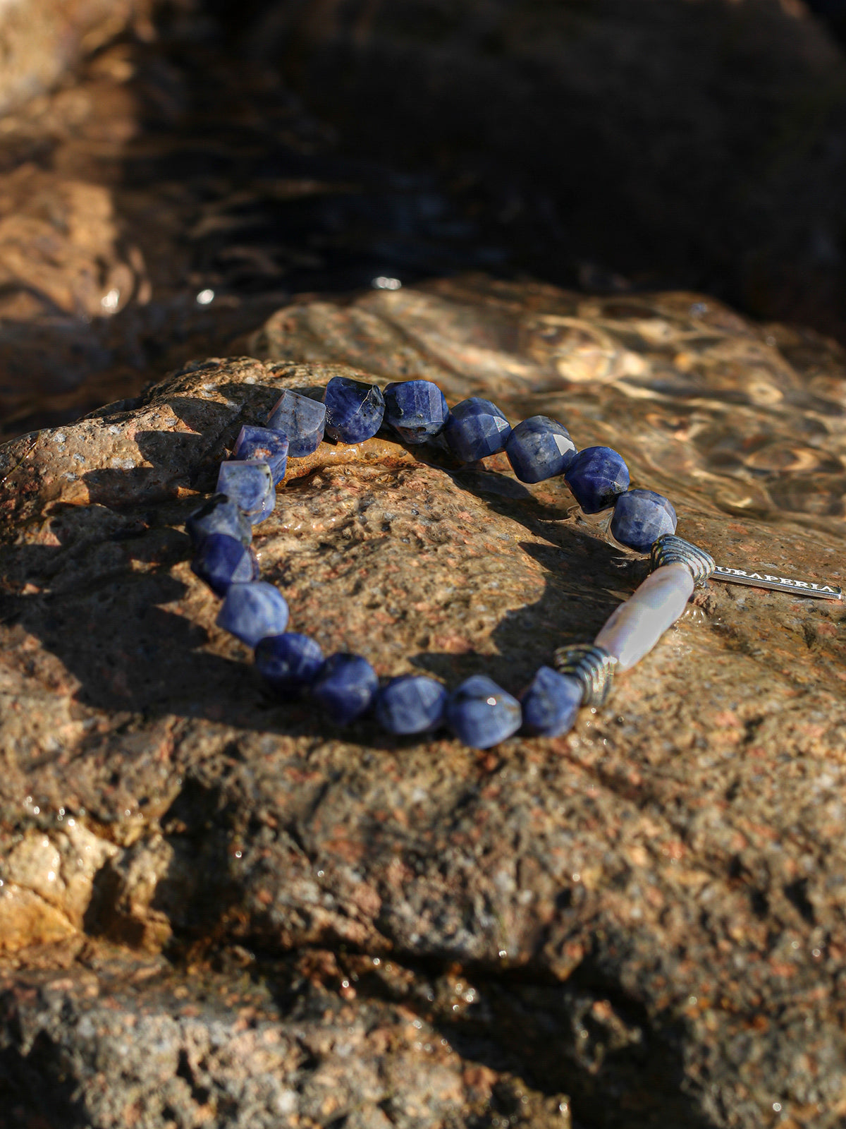 Blue Vein Stone & Silver Bar Pearl Bracelet — freshwater pearl with silver bar, blue vein stone nu... | SENLORE