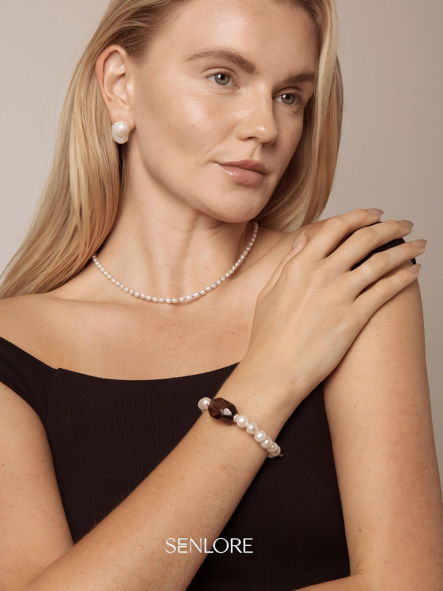 Freeform Smoky Quartz Pearl Bracelet — freshwater pearl & faceted large freeform smoky quartz & S925 Sterling Silver | SENLORE