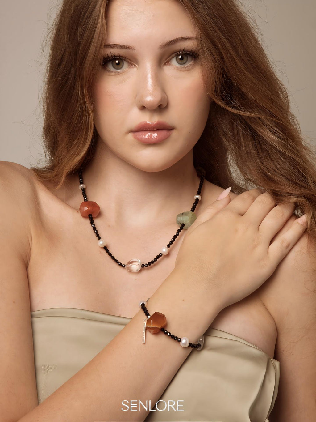Persian Red Agate Crystal Bracelet — freshwater pearl, clear quartz freeform nuggets... | SENLORE