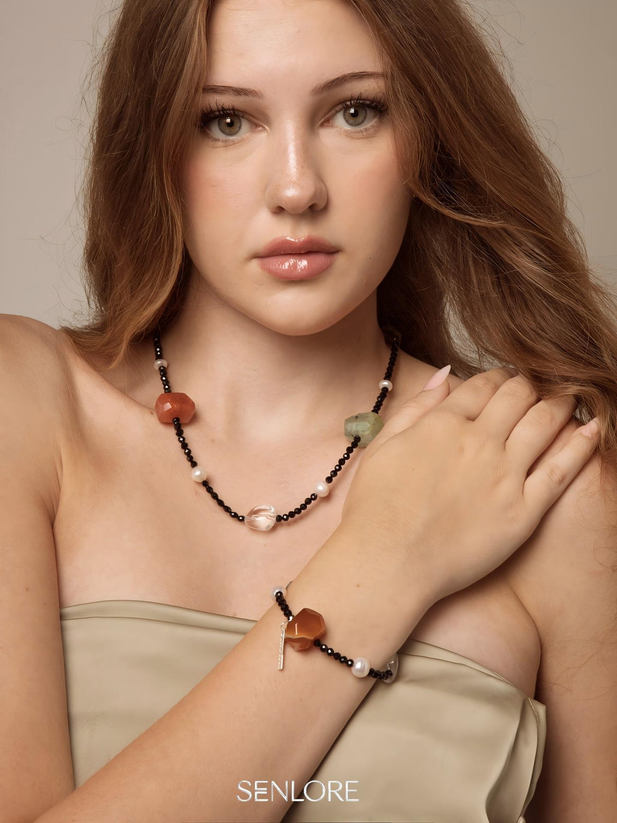 Persian Red Agate Crystal Bracelet — freshwater pearl, clear quartz freeform nuggets... | SENLORE
