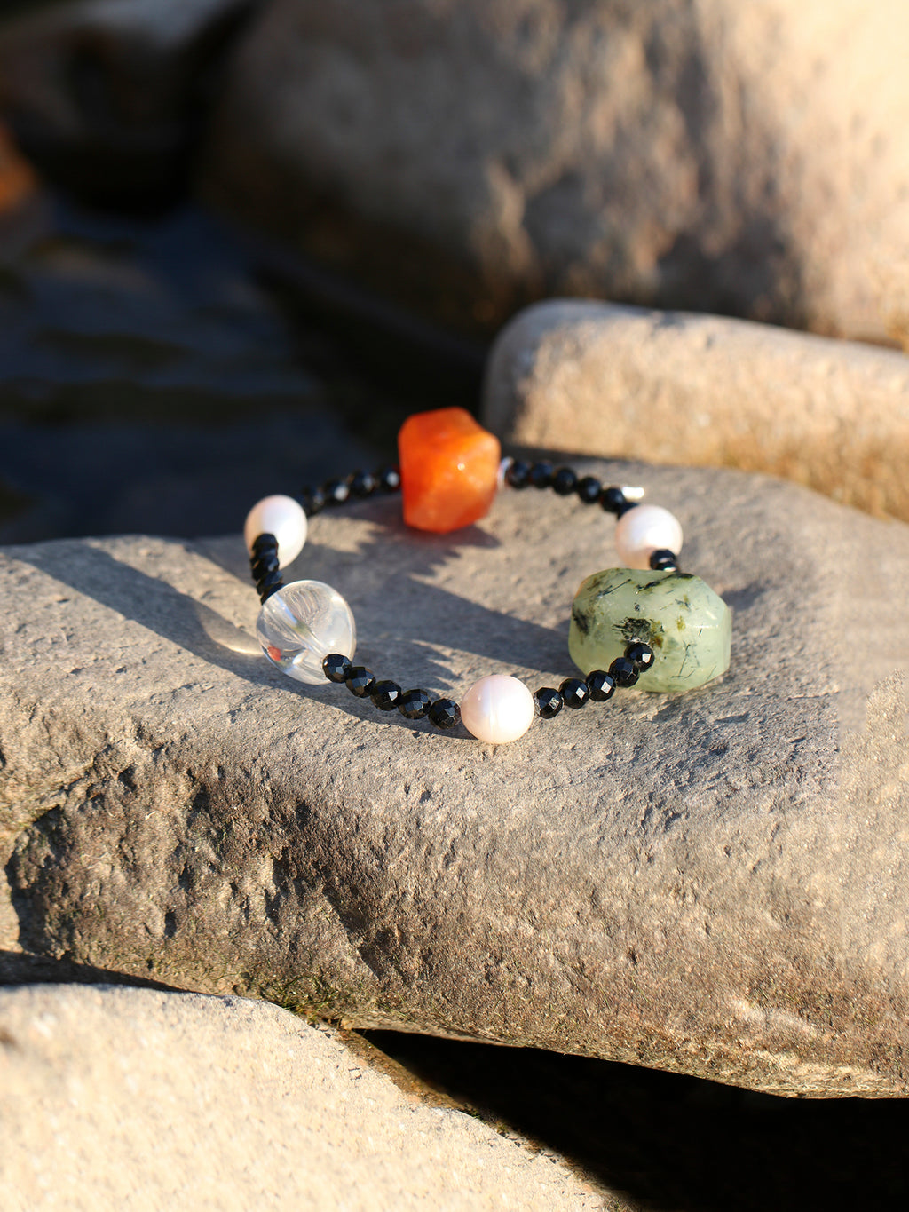 Persian Red Agate Crystal Bracelet — freshwater pearl, clear quartz freeform nuggets... | SENLORE