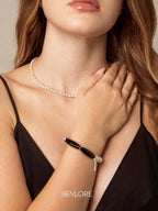 Black Agate Barrel Pearl Bracelet — freshwater pearl & black agate barrel bead & S925 Sterling Silver | SENLORE