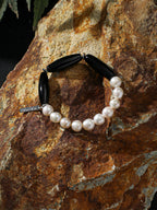 Black Agate Barrel Pearl Bracelet — freshwater pearl & black agate barrel bead & S925 Sterling Silver | SENLORE