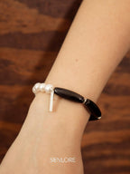 Black Agate Barrel Pearl Bracelet — freshwater pearl & black agate barrel bead & S925 Sterling Silver | SENLORE