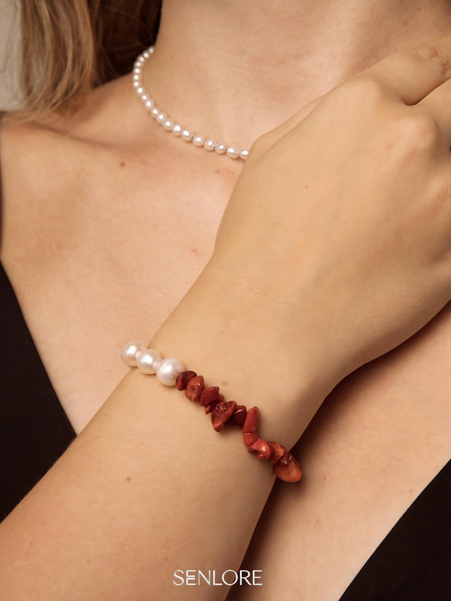 Red Agate Chip Pearl Bracelet — freshwater pearl, red agate chips, sterling sil... | SENLORE