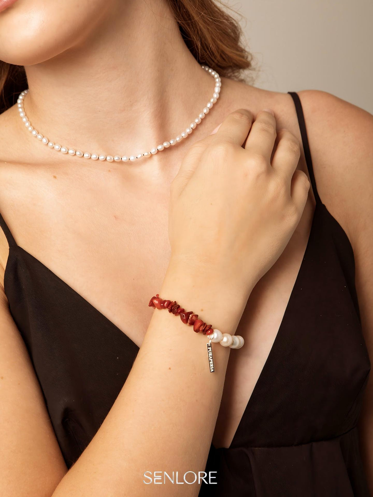 Red Agate Chip Pearl Bracelet — freshwater pearl, red agate chips, sterling sil... | SENLORE