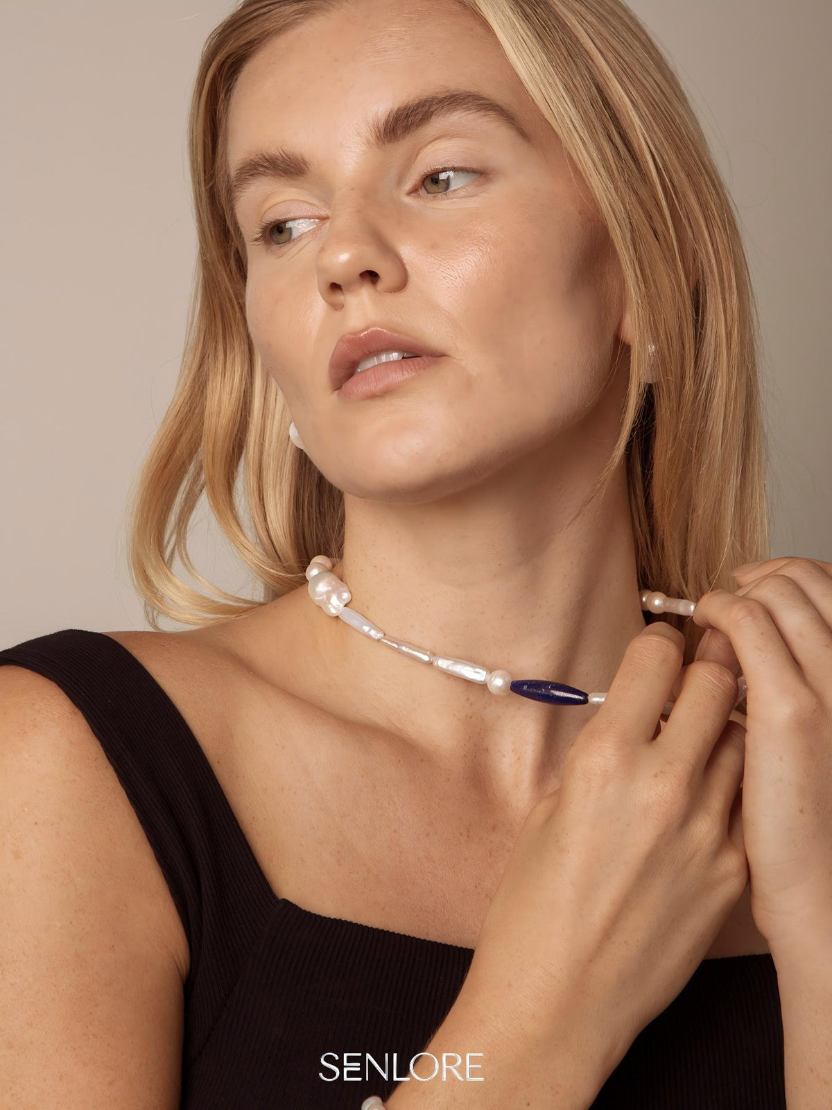 SENLORE Lapis Silver Bar Pearl Necklace – Front View