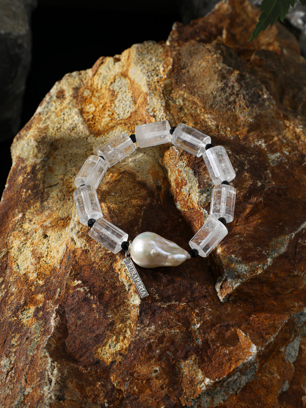Clear Quartz Barrel Baroque & Black Tourmaline Bracelet — clear quartz barrels, large freshwater baroque pearl... | SENLORE