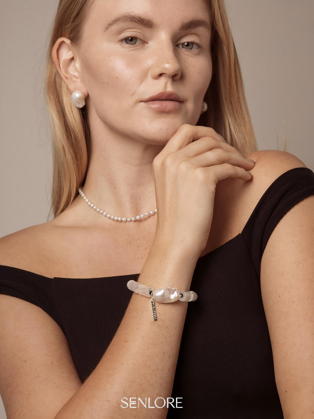 Clear Quartz Barrel Baroque & Black Tourmaline Bracelet — clear quartz barrels, large freshwater baroque pearl... | SENLORE