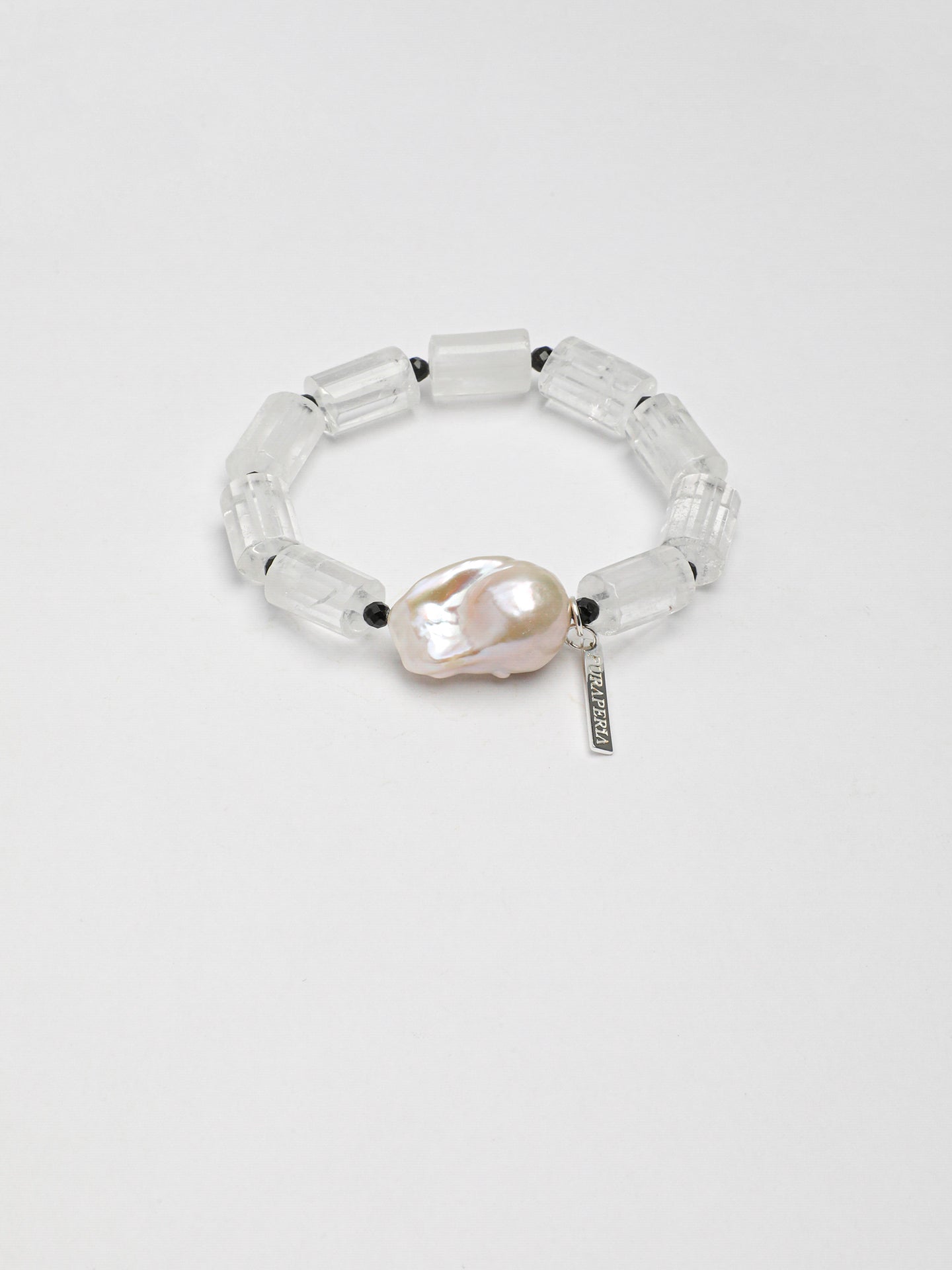 Clear Quartz Barrel Baroque & Black Tourmaline Bracelet — clear quartz barrels, large freshwater baroque pearl... | SENLORE