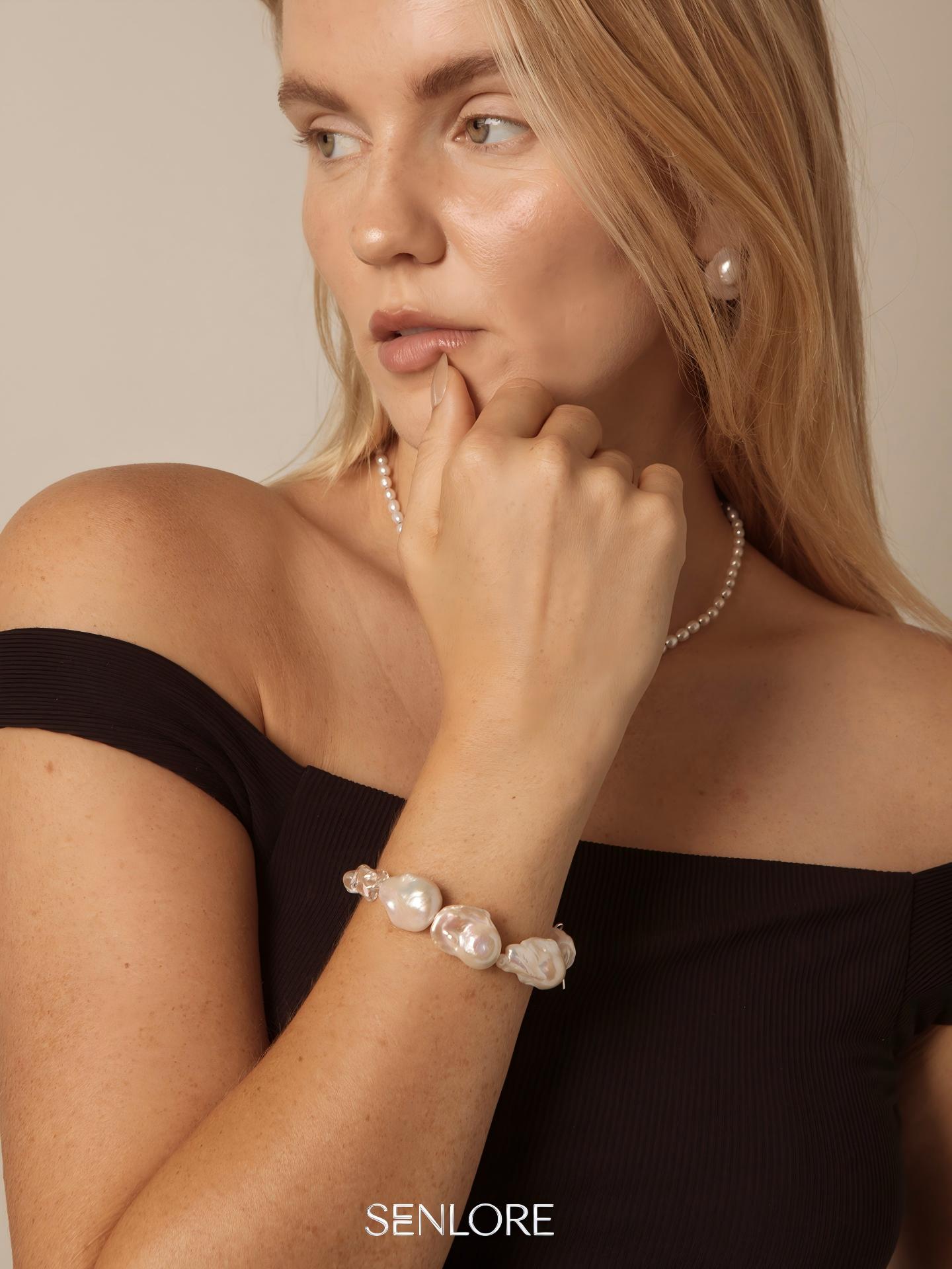 Minimalist Baroque Crystal Bracelet — large freshwater baroque pearl, clear quartz cr... | SENLORE