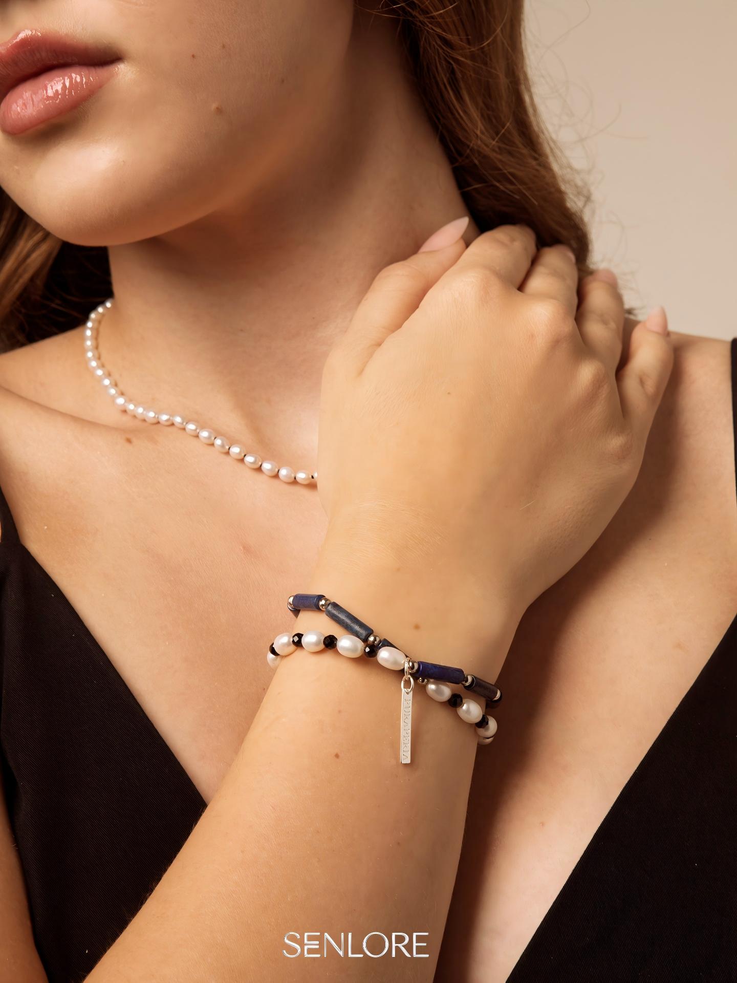 Lapis Lazuli Pearl Bracelet — lapis lazuli straight tubes, black tourmaline f... | SENLORE