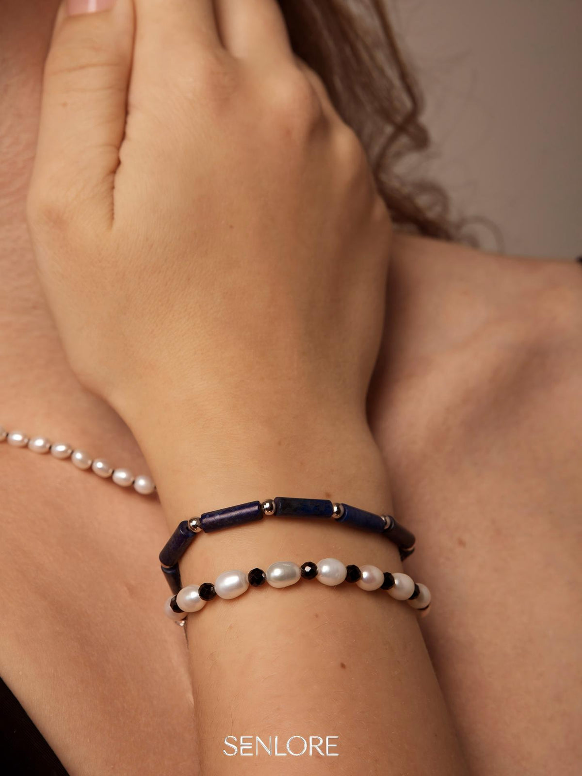 Lapis Lazuli Pearl Bracelet — lapis lazuli straight tubes, black tourmaline f... | SENLORE
