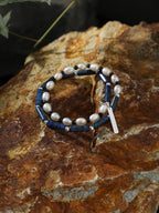 Lapis Lazuli Pearl Bracelet — lapis lazuli straight tubes, black tourmaline f... | SENLORE