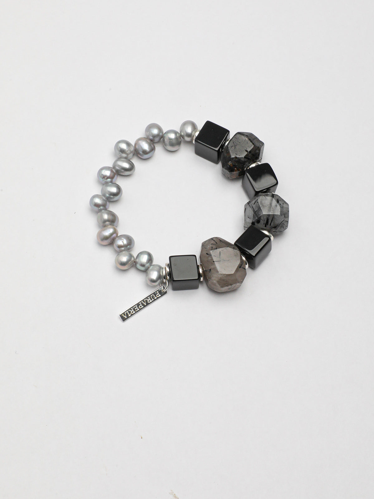 Black Rutilated Quartz Grey Pearl Bracelet — grey freshwater seed pearl & large freeform black rutilated quartz & S925 Sterling Silver | SENLORE