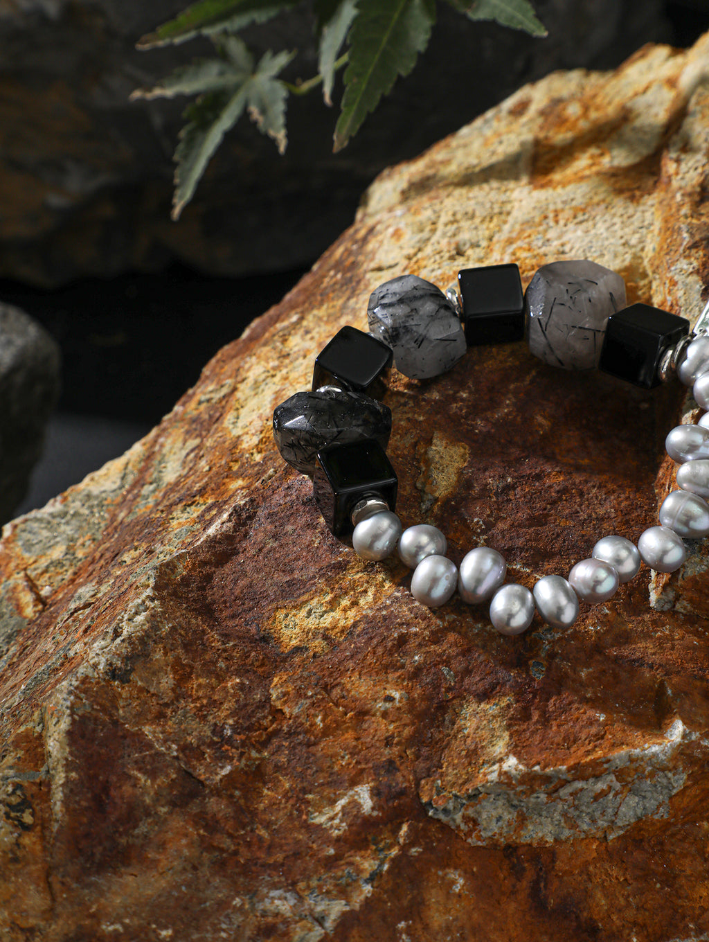 Black Rutilated Quartz Grey Pearl Bracelet — grey freshwater seed pearl & large freeform black rutilated quartz & S925 Sterling Silver | SENLORE