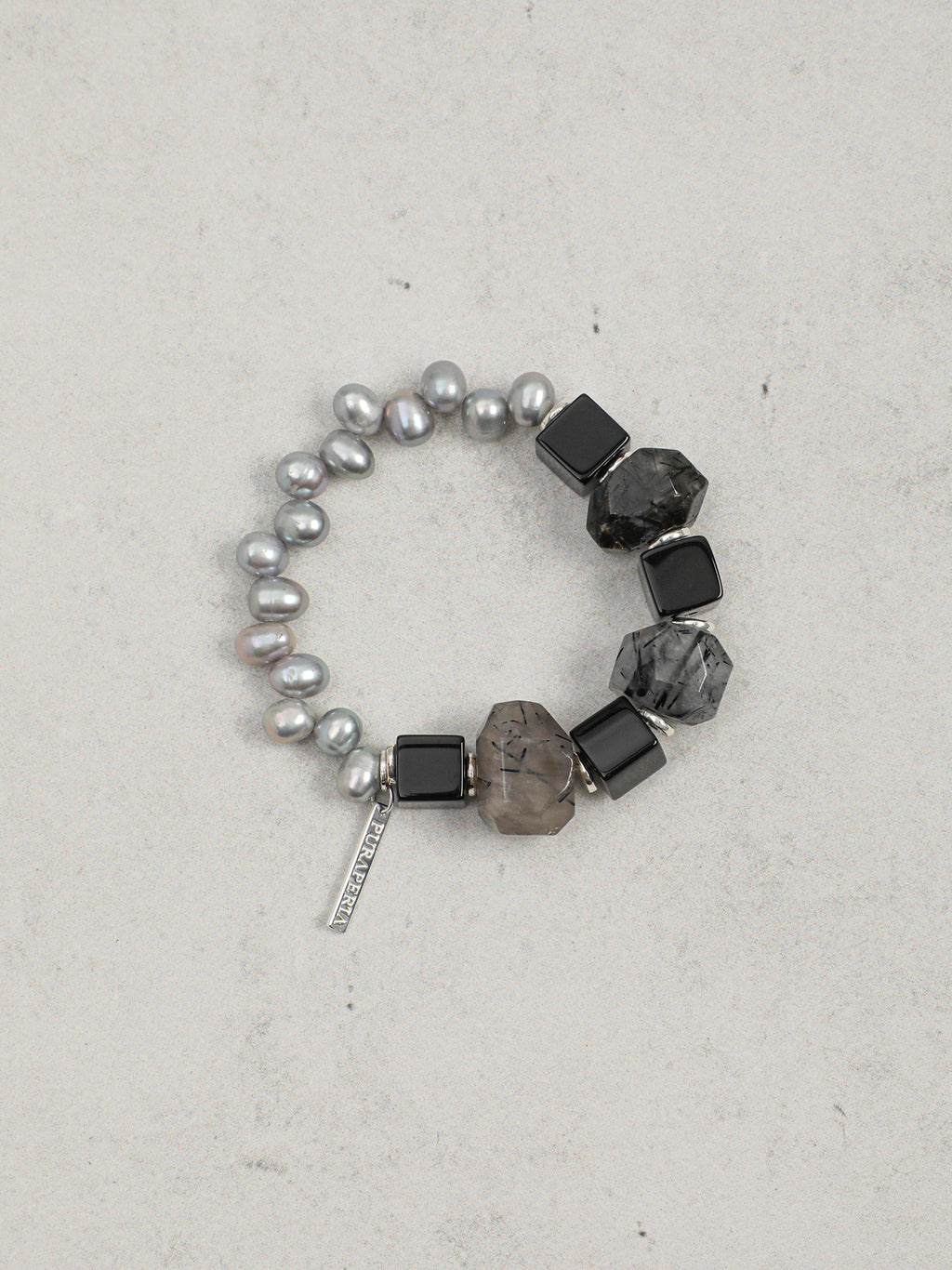 Black Rutilated Quartz Grey Pearl Bracelet — grey freshwater seed pearl & large freeform black rutilated quartz & S925 Sterling Silver | SENLORE