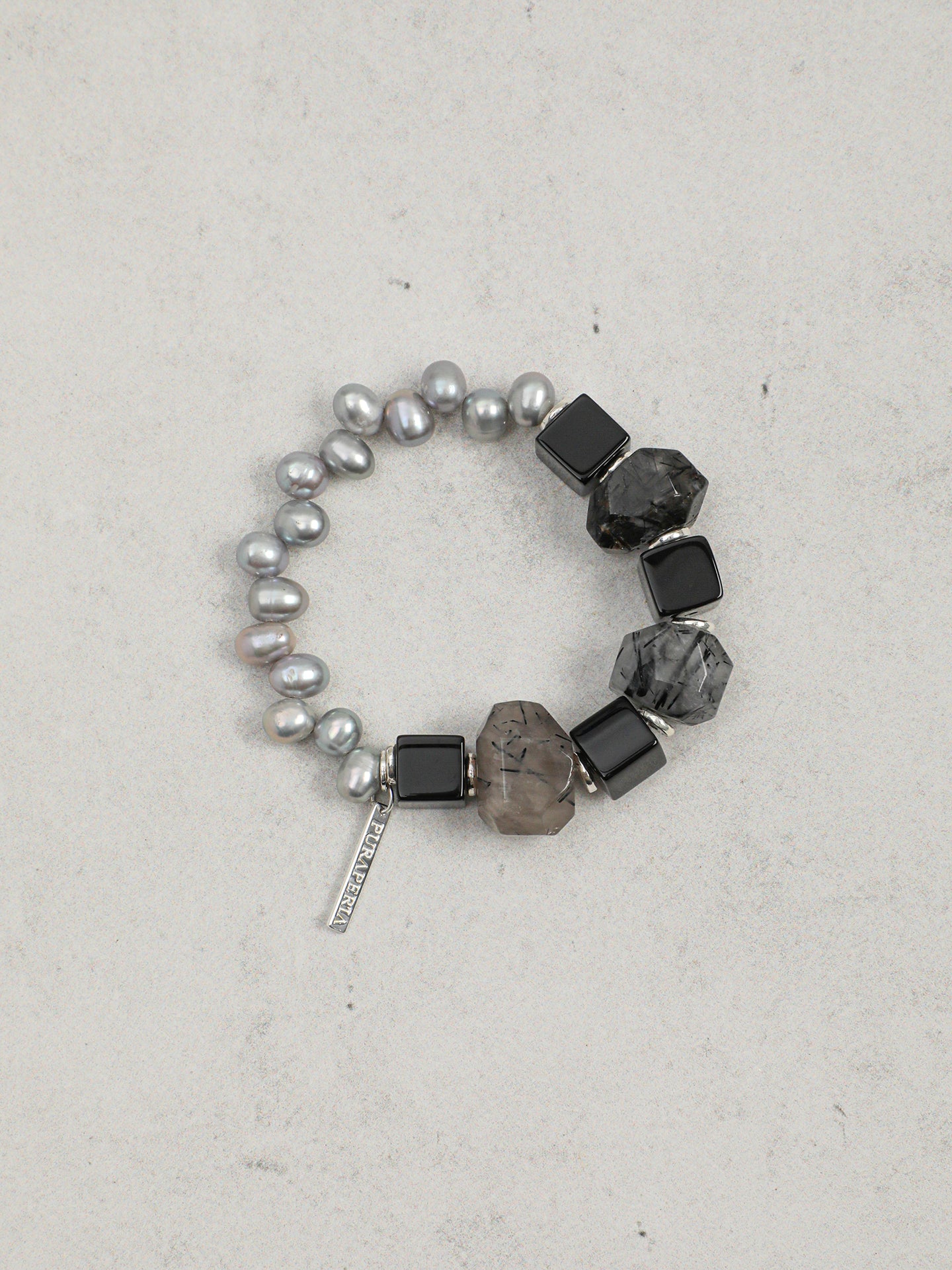Black Rutilated Quartz Grey Pearl Bracelet — grey freshwater seed pearl & large freeform black rutilated quartz & S925 Sterling Silver | SENLORE