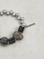 Black Rutilated Quartz Grey Pearl Bracelet — grey freshwater seed pearl & large freeform black rutilated quartz & S925 Sterling Silver | SENLORE