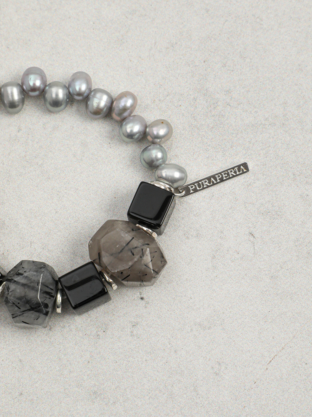 Black Rutilated Quartz Grey Pearl Bracelet — grey freshwater seed pearl & large freeform black rutilated quartz & S925 Sterling Silver | SENLORE