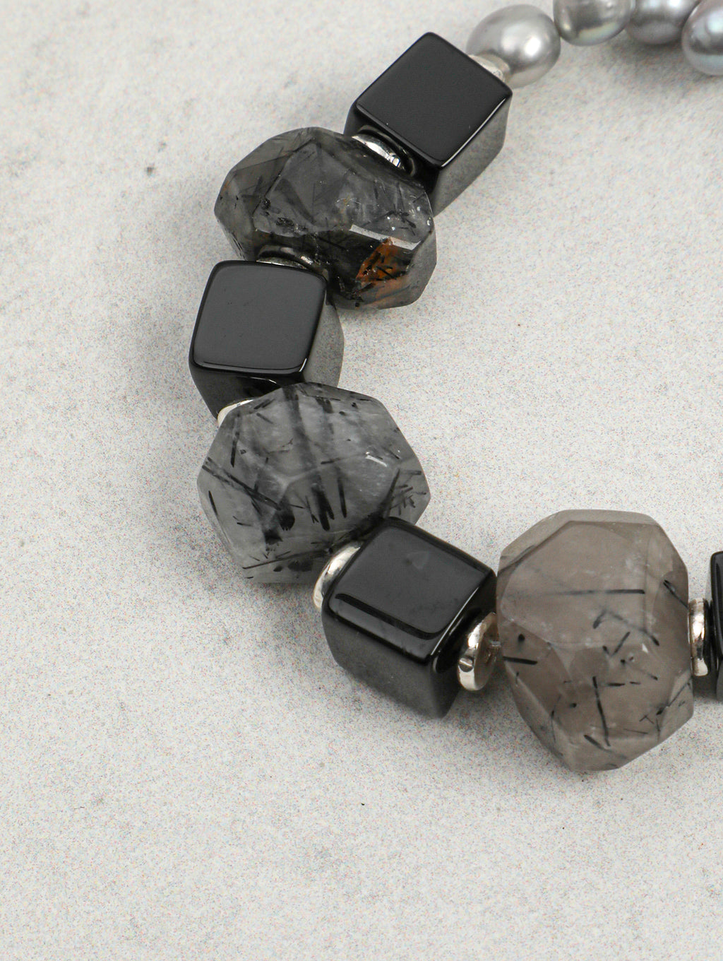 Black Rutilated Quartz Grey Pearl Bracelet — grey freshwater seed pearl & large freeform black rutilated quartz & S925 Sterling Silver | SENLORE