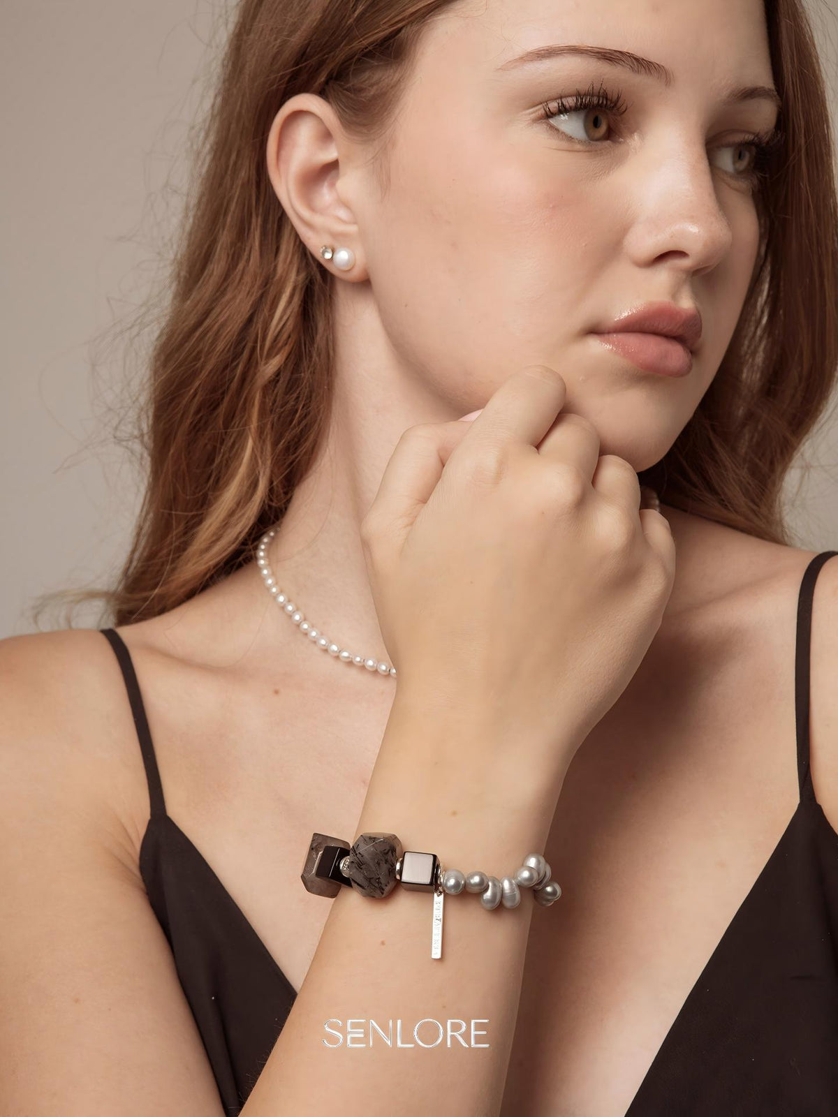 Black Rutilated Quartz Grey Pearl Bracelet — grey freshwater seed pearl & large freeform black rutilated quartz & S925 Sterling Silver | SENLORE