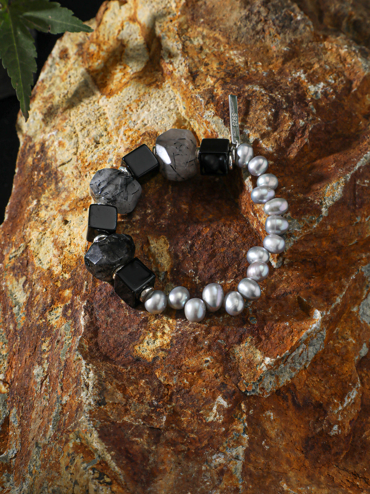 Black Rutilated Quartz Grey Pearl Bracelet — grey freshwater seed pearl & large freeform black rutilated quartz & S925 Sterling Silver | SENLORE