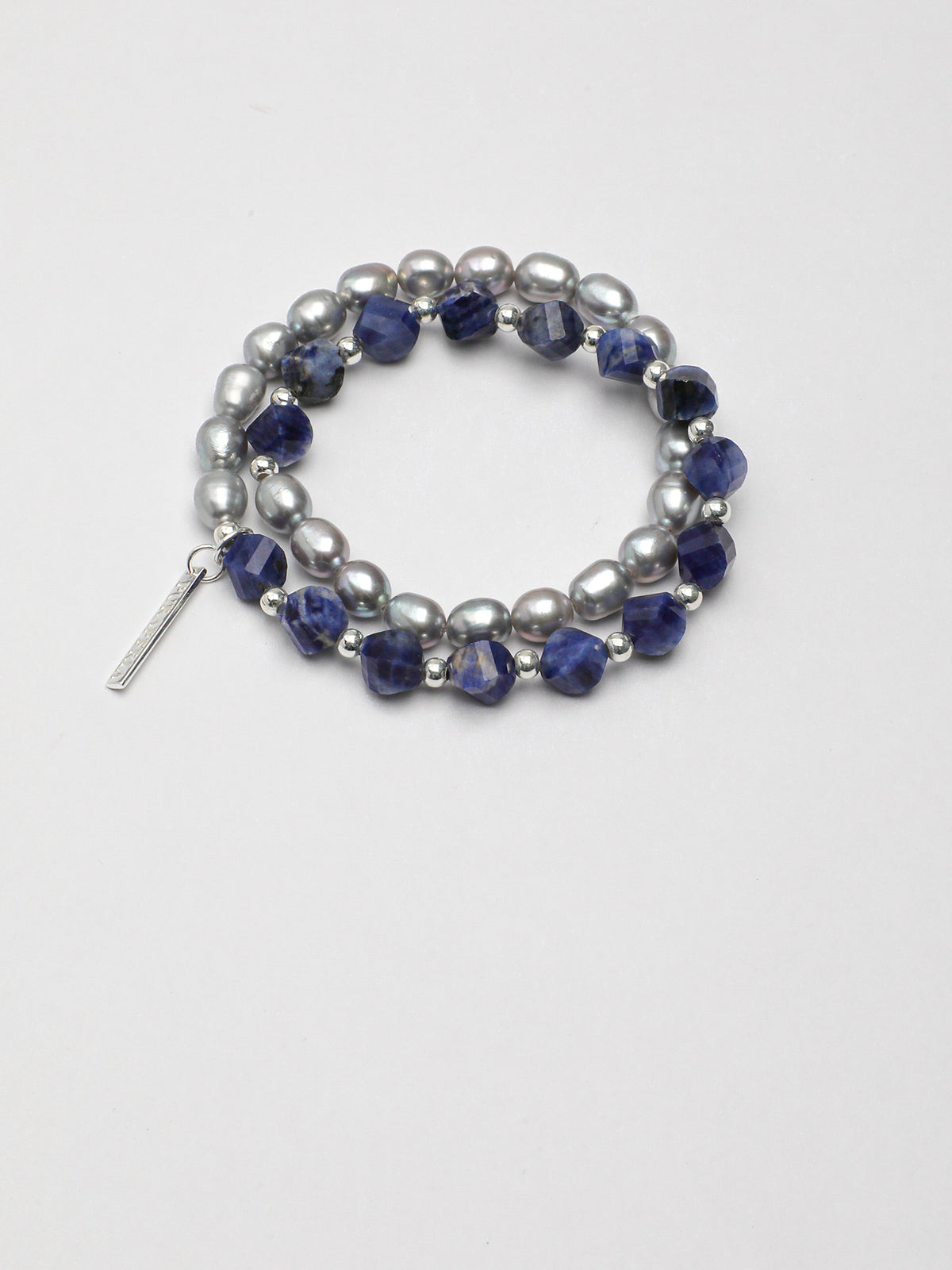 Blue Vein Grey Pearl Bracelet — blue-vein stone knotted bead & grey freshwater seed pearl & S925 Sterling Silver | SENLORE