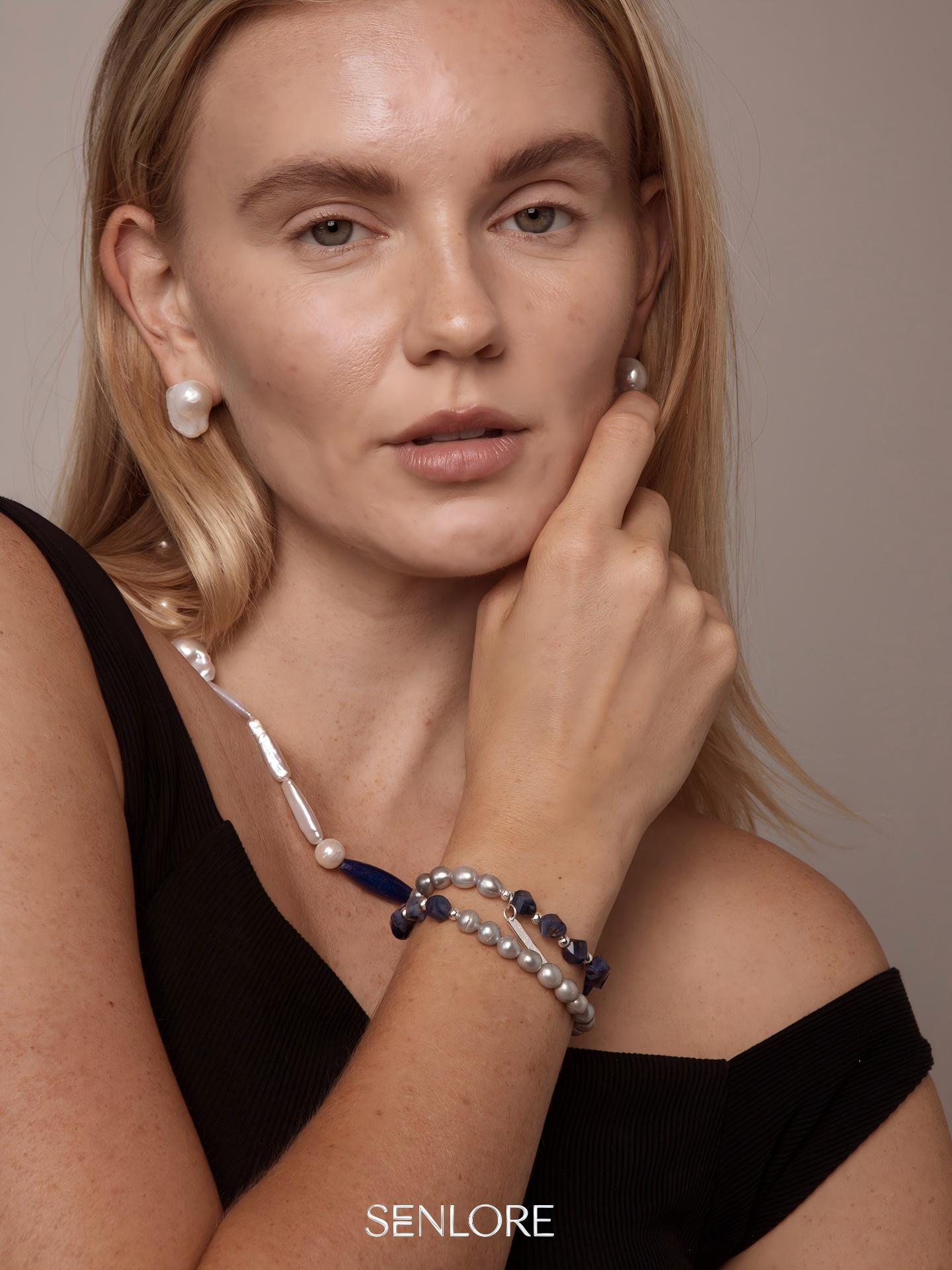 Blue Vein Grey Pearl Bracelet — blue-vein stone knotted bead & grey freshwater seed pearl & S925 Sterling Silver | SENLORE