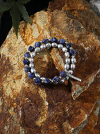 Blue Vein Grey Pearl Bracelet — blue-vein stone knotted bead & grey freshwater seed pearl & S925 Sterling Silver | SENLORE