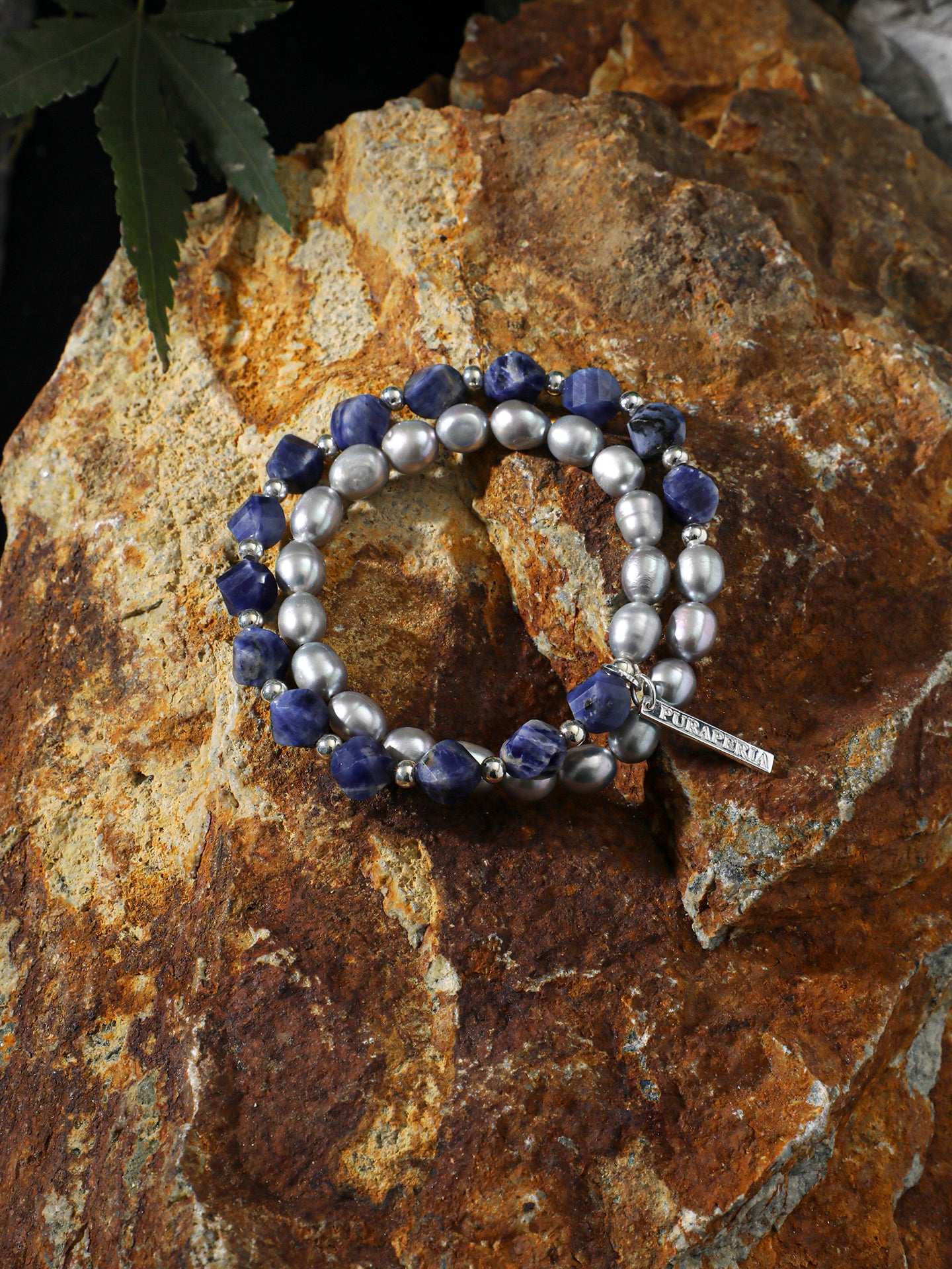 Blue Vein Grey Pearl Bracelet — blue-vein stone knotted bead & grey freshwater seed pearl & S925 Sterling Silver | SENLORE