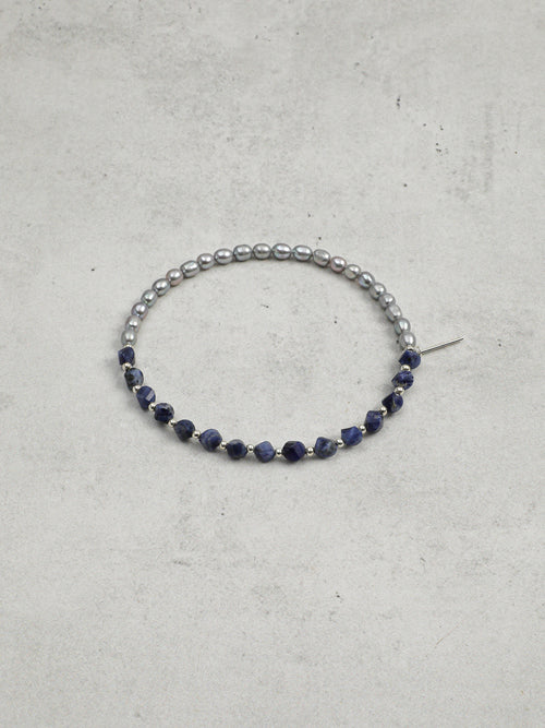 Blue Vein Grey Pearl Bracelet — blue-vein stone knotted bead & grey freshwater seed pearl & S925 Sterling Silver | SENLORE
