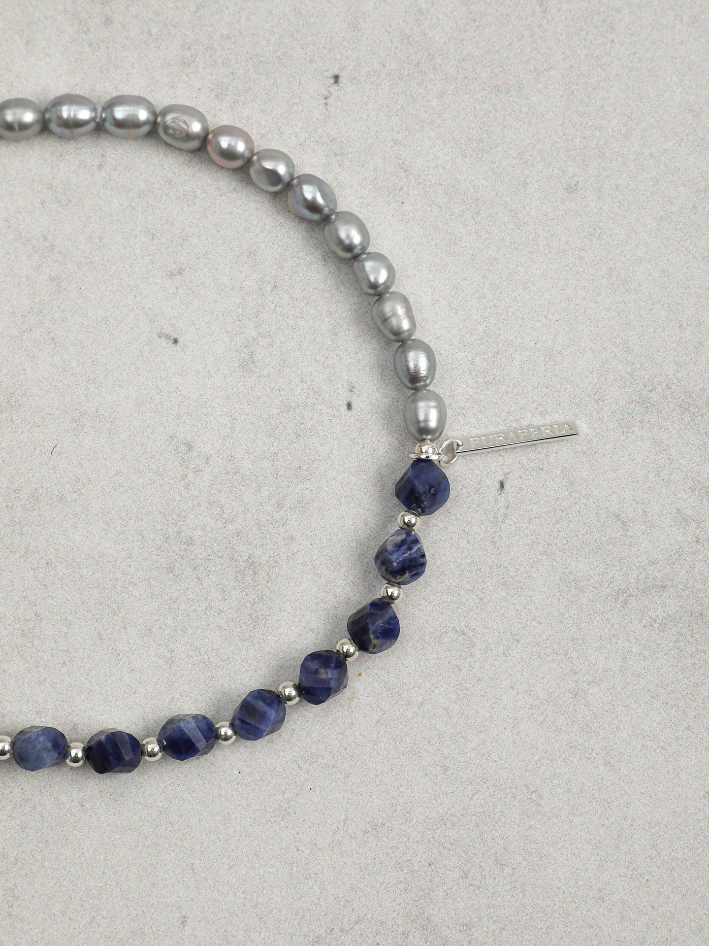 Blue Vein Grey Pearl Bracelet — blue-vein stone knotted bead & grey freshwater seed pearl & S925 Sterling Silver | SENLORE