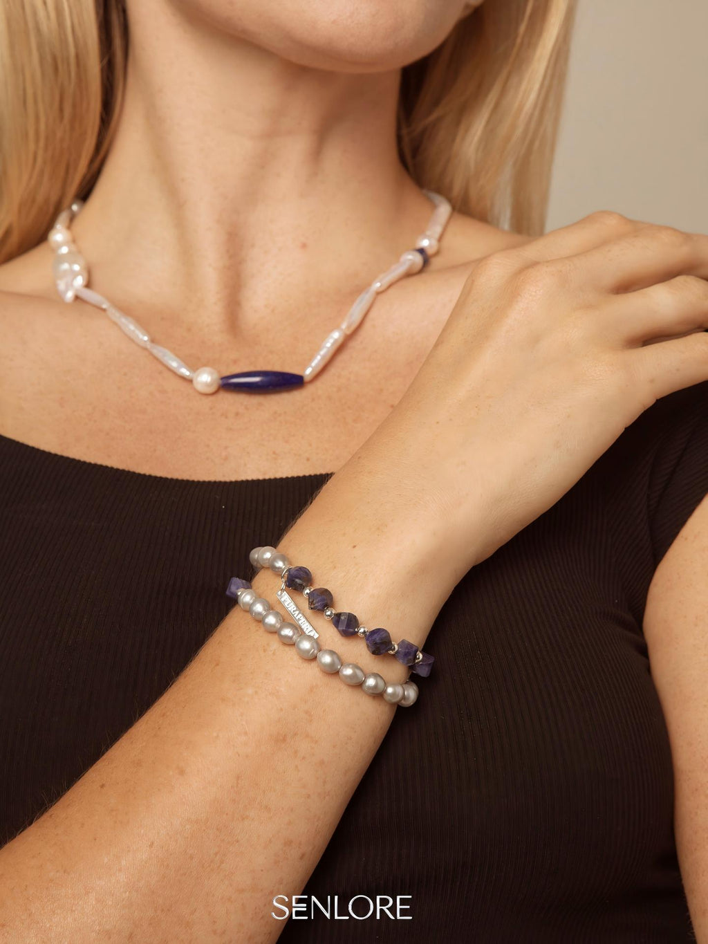 Blue Vein Grey Pearl Bracelet — blue-vein stone knotted bead & grey freshwater seed pearl & S925 Sterling Silver | SENLORE