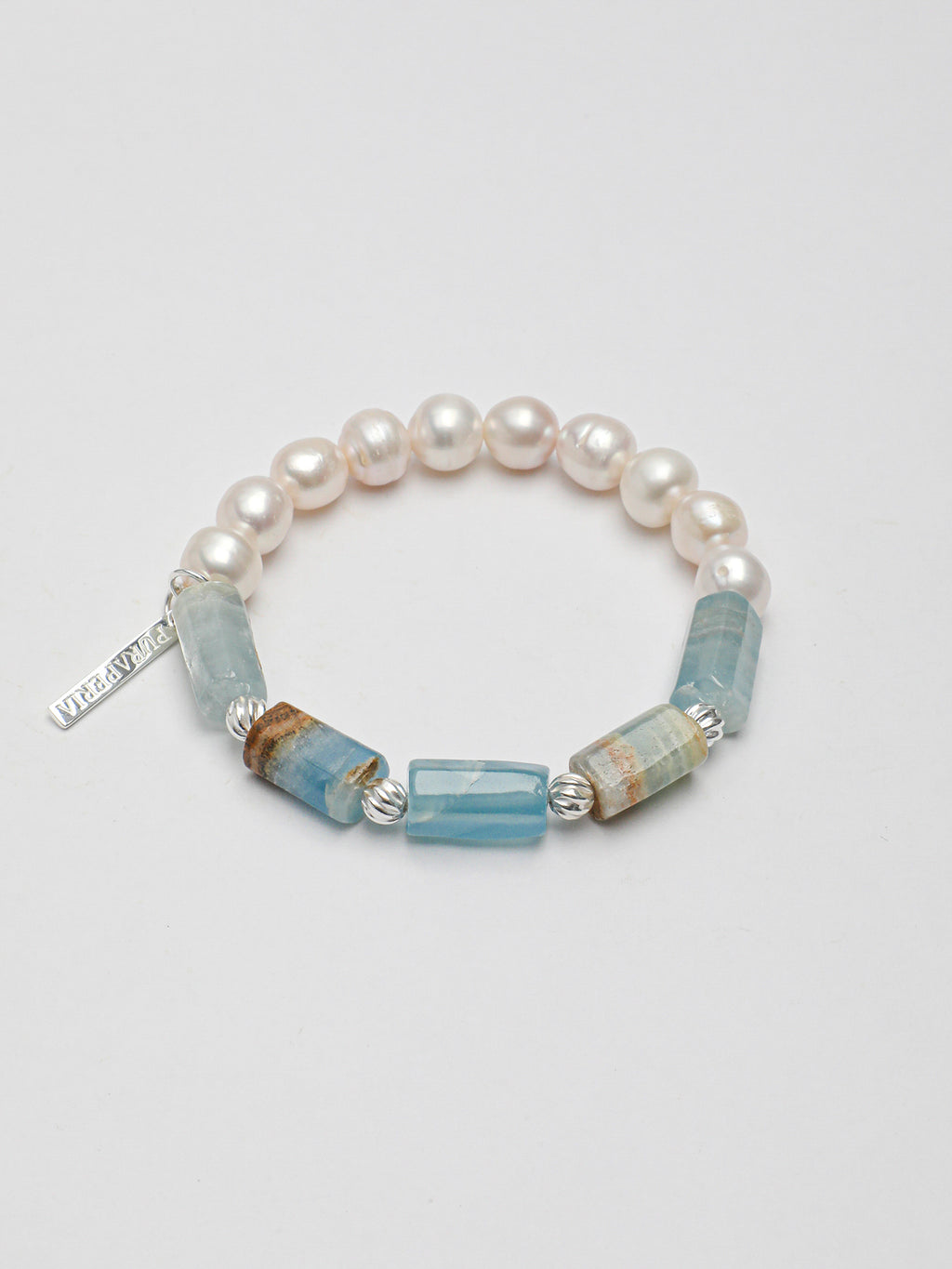 Blue Sandstone Barrel Pearl Bracelet — freshwater pearl, blue sandstone, sterling silver tw... | SENLORE