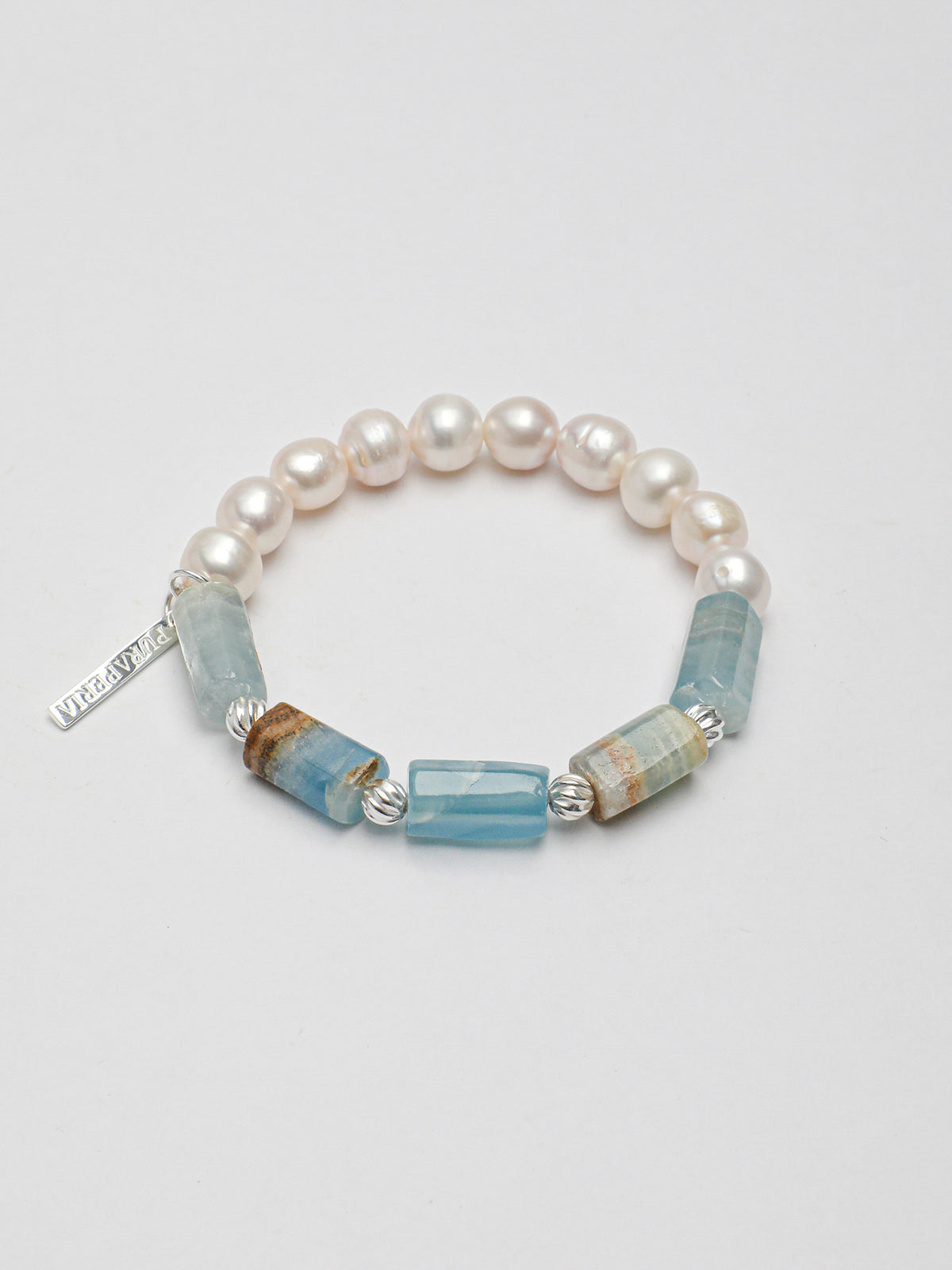 Blue Sandstone Barrel Pearl Bracelet — freshwater pearl, blue sandstone, sterling silver tw... | SENLORE
