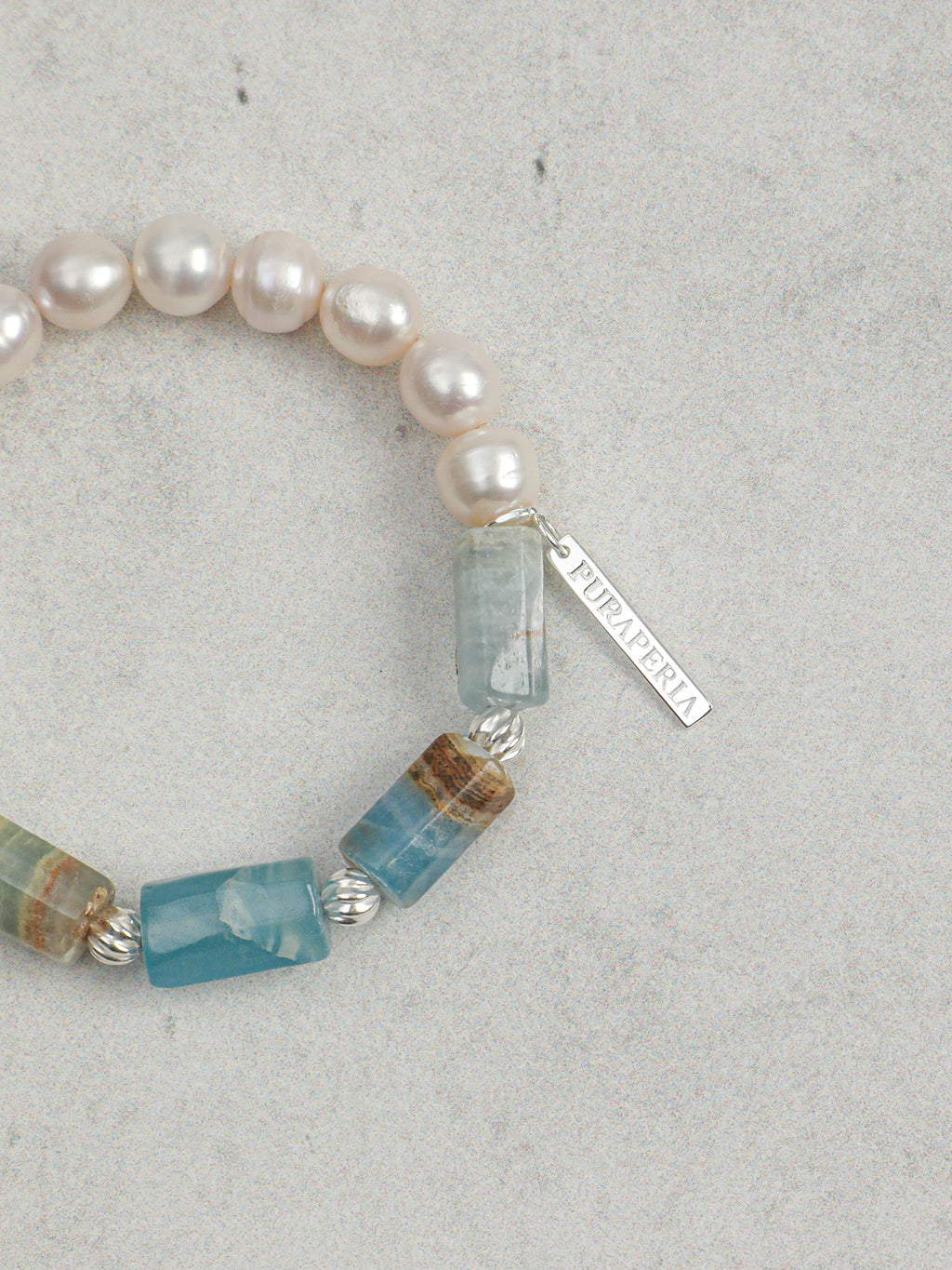 Blue Sandstone Barrel Pearl Bracelet — freshwater pearl, blue sandstone, sterling silver tw... | SENLORE