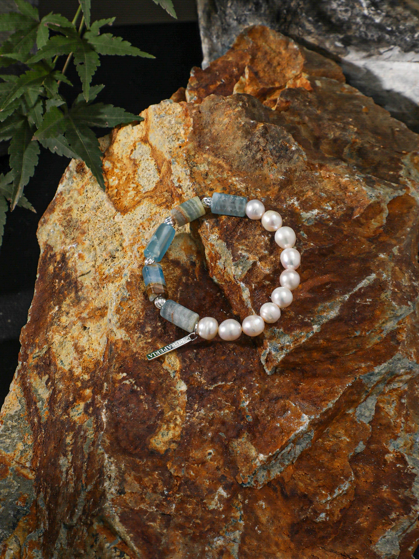 Blue Sandstone Barrel Pearl Bracelet — freshwater pearl, blue sandstone, sterling silver tw... | SENLORE