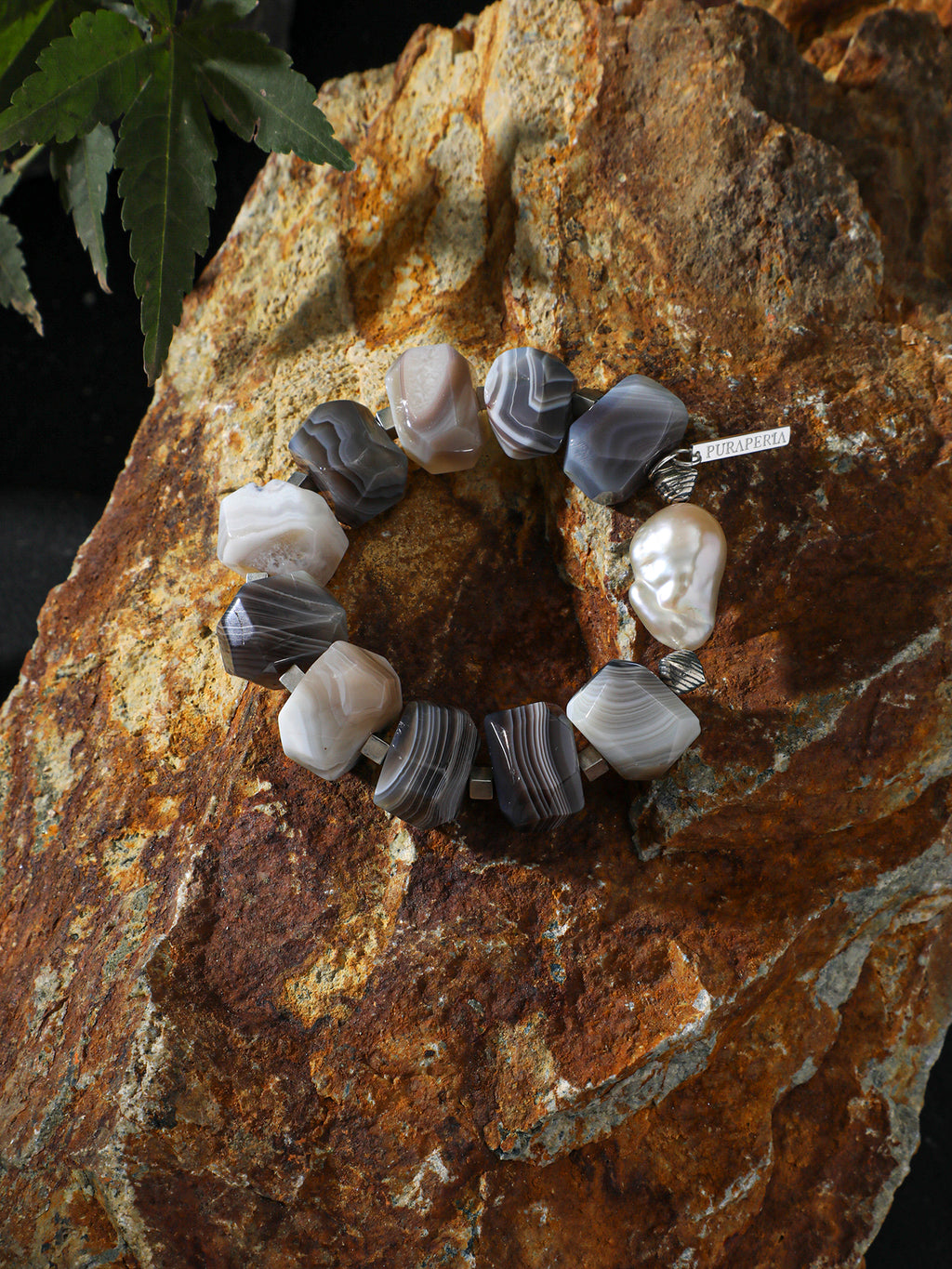 Persian Agate Baroque Pearl Bracelet — Persian agate freeform, 大巴洛克珍珠, sterling silver logo... | SENLORE
