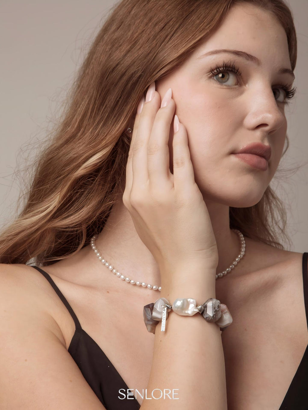 Persian Agate Baroque Pearl Bracelet — Persian agate freeform, 大巴洛克珍珠, sterling silver logo... | SENLORE