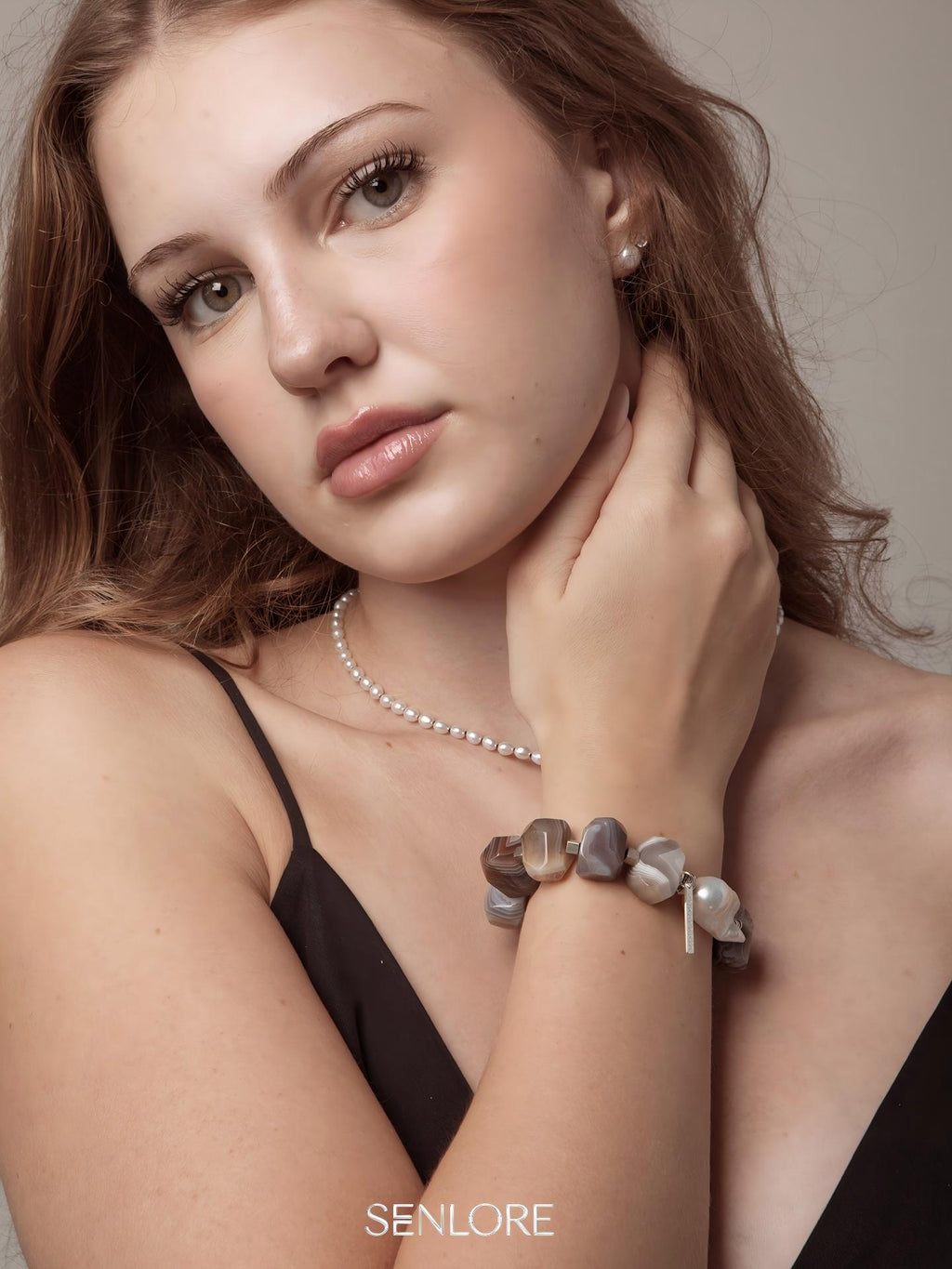 Persian Agate Baroque Pearl Bracelet — Persian agate freeform, 大巴洛克珍珠, sterling silver logo... | SENLORE