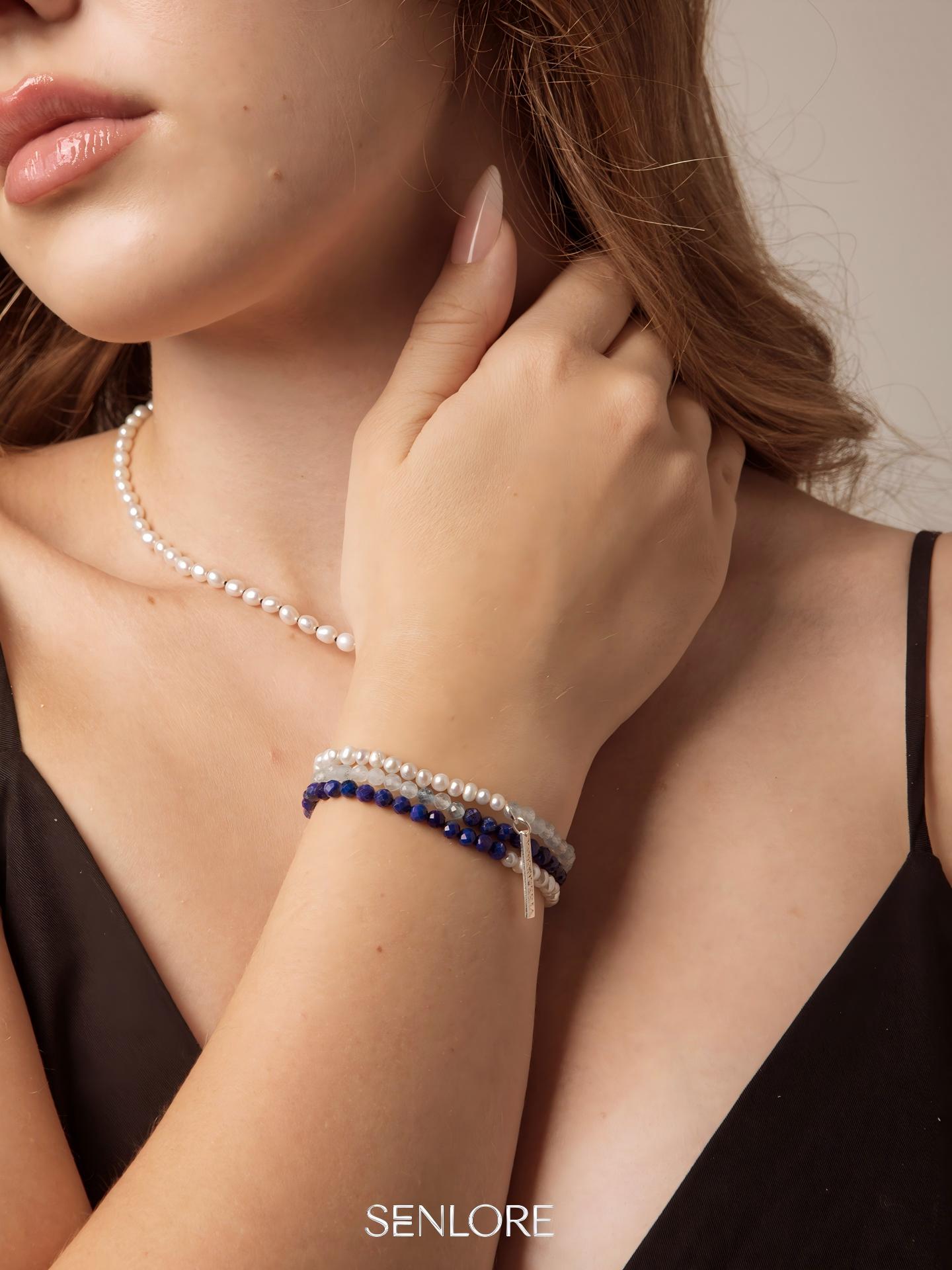 Daughter of the Sea Pearl Bracelet — freshwater seed pearls, aquamarine, lapis lazul... | SENLORE
