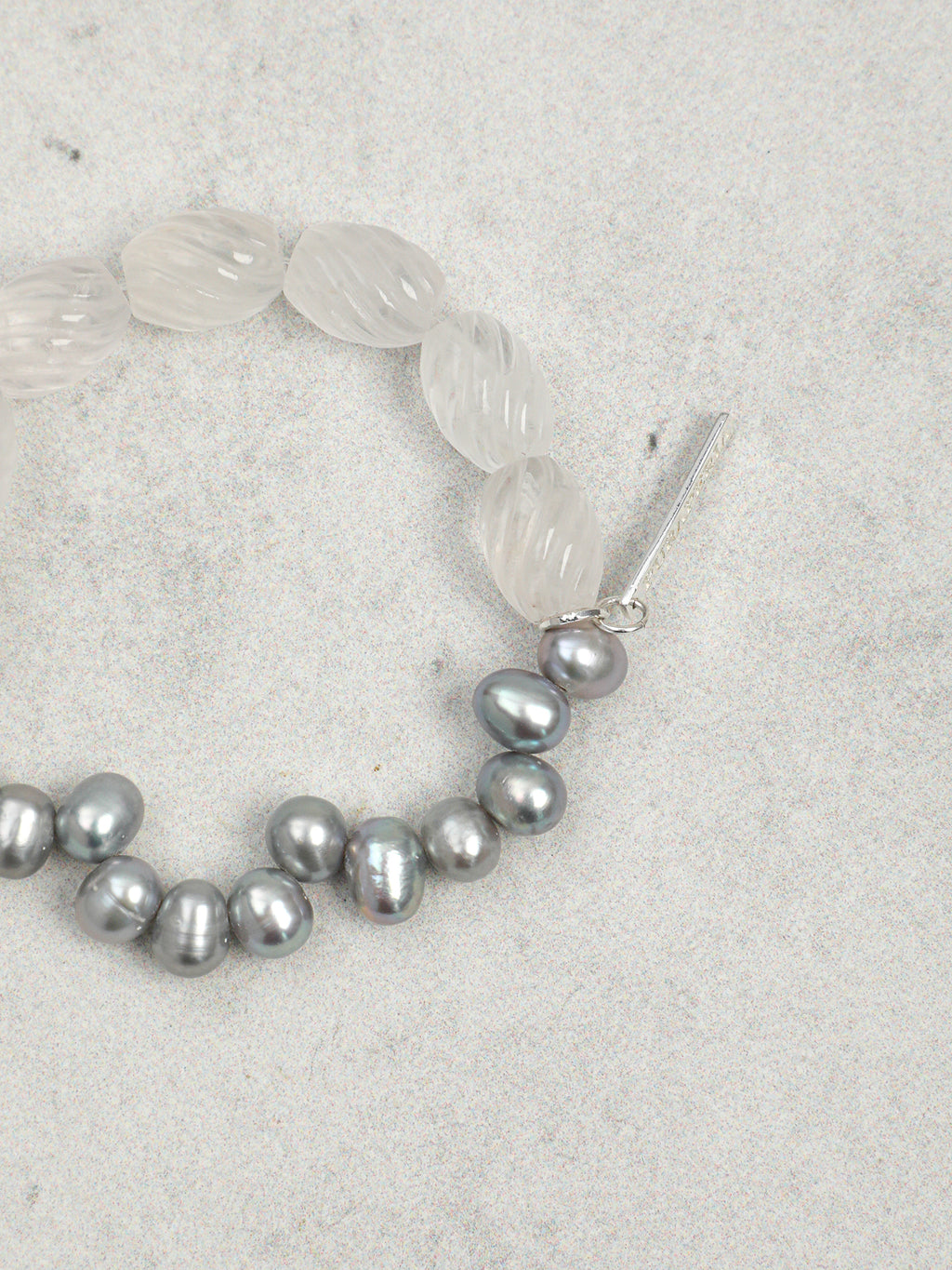Clear Quartz Twist & Grey Pearl Bracelet — clear quartz twist beads, freshwater grey pearl, ste... | SENLORE
