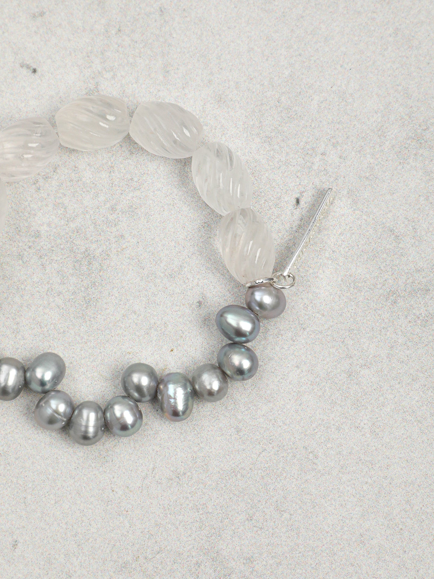 Clear Quartz Twist & Grey Pearl Bracelet — clear quartz twist beads, freshwater grey pearl, ste... | SENLORE