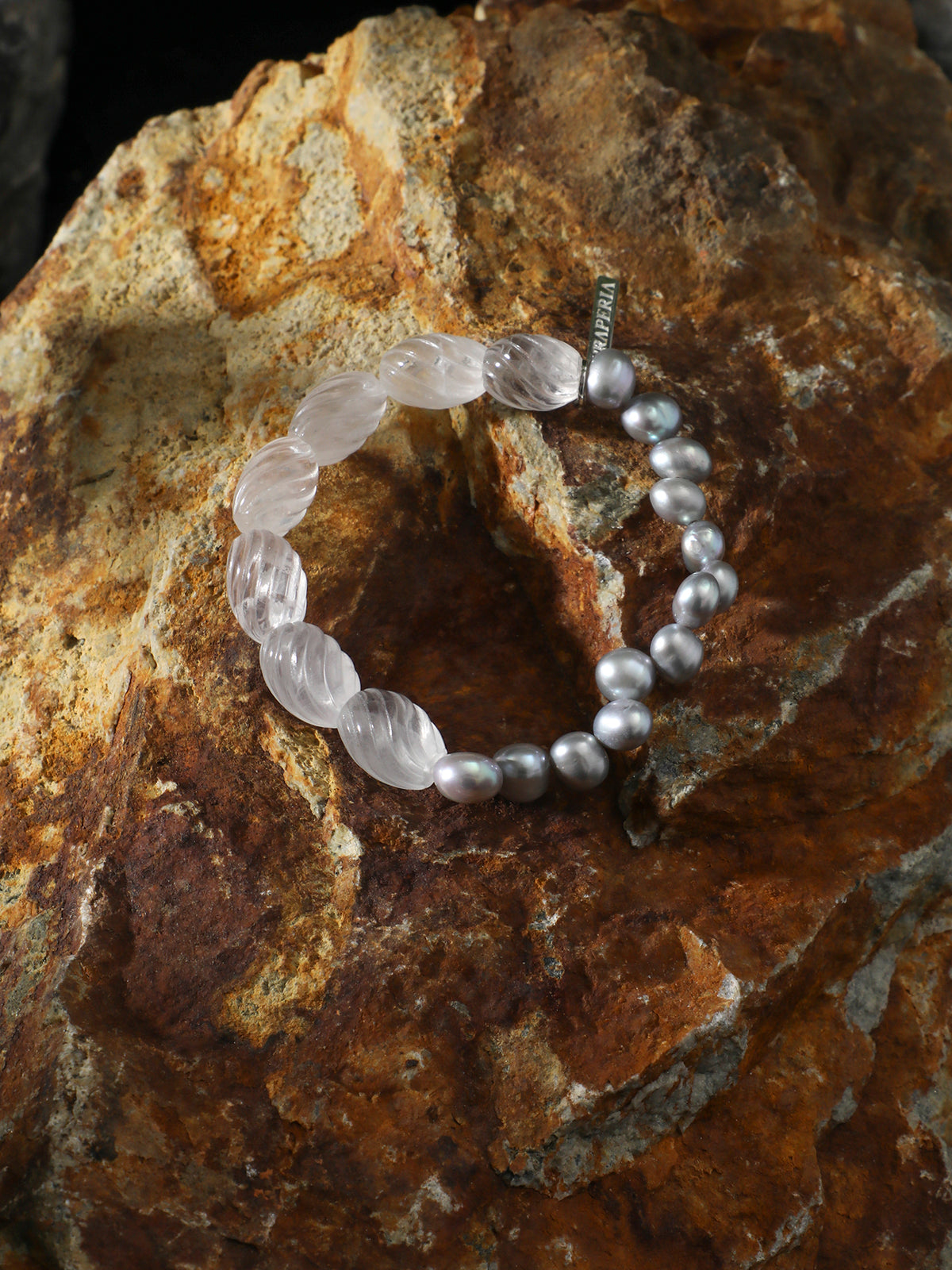 Clear Quartz Twist & Grey Pearl Bracelet — clear quartz twist beads, freshwater grey pearl, ste... | SENLORE