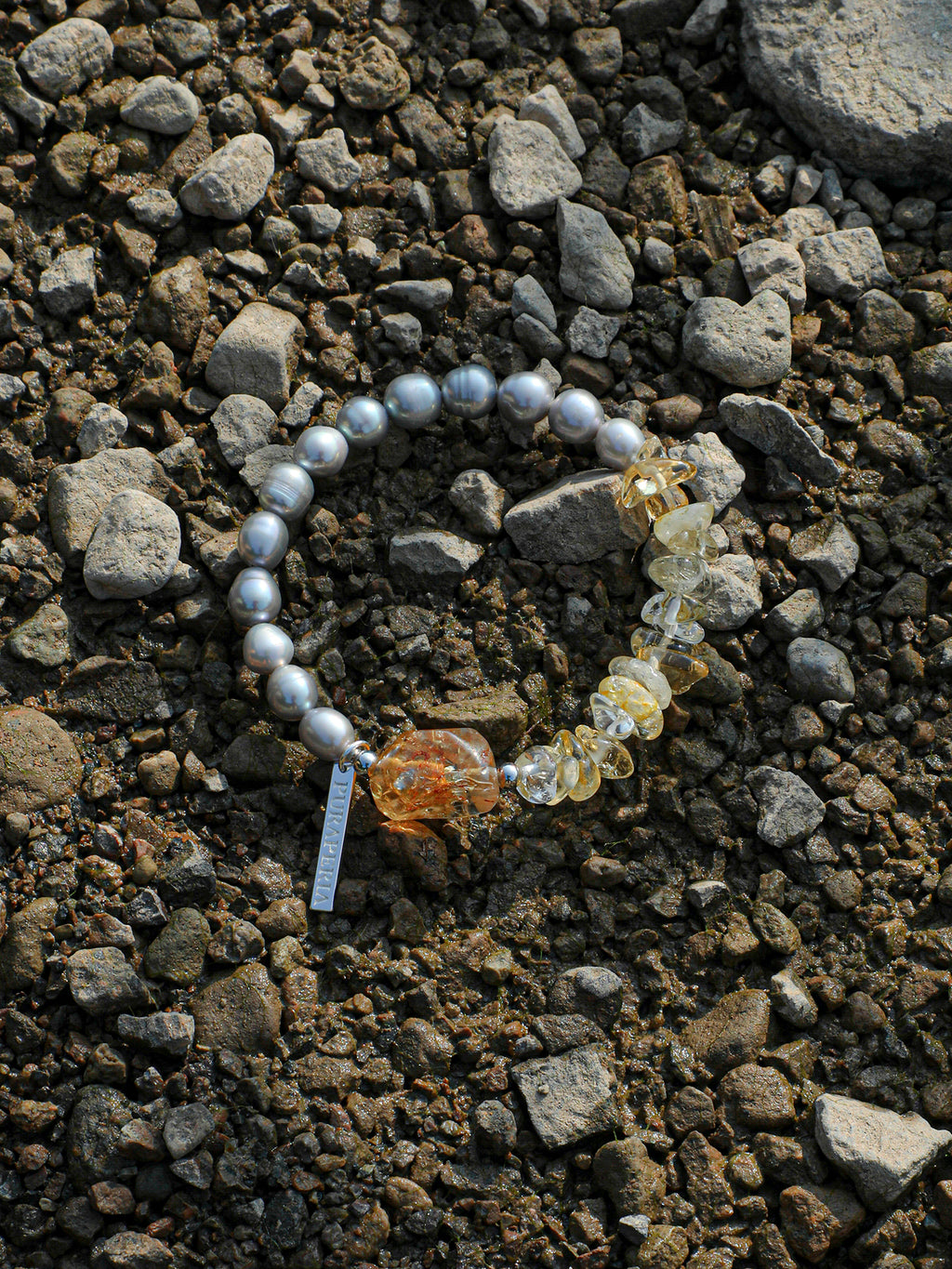 Brazilian Citrine & Grey Pearl Bracelet — freshwater grey seed pearls, citrine chips, Brazilia... | SENLORE